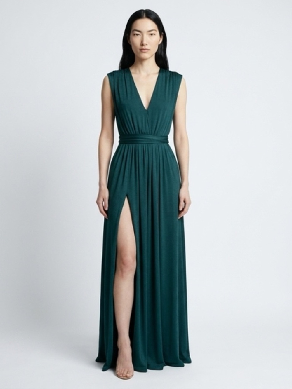 Dress the Population Teal Plunge V Neck Maxi Dress High Slit Formal Gown Small - Picture 12 of 12